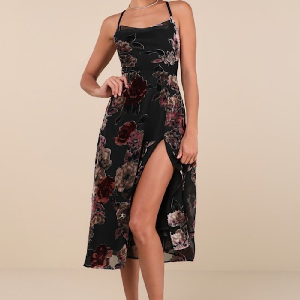 Lulus Exuberant Vibes Black Floral Velvet Burnout Tie-back Midi Dress - Size L - Picture 1 of 1